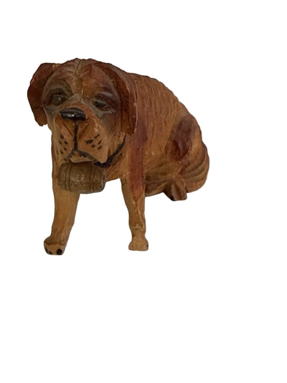 Vintage Hand Carved Wooden Saint Bernard Dog Figurine With Barrel Folk Art 3.5"